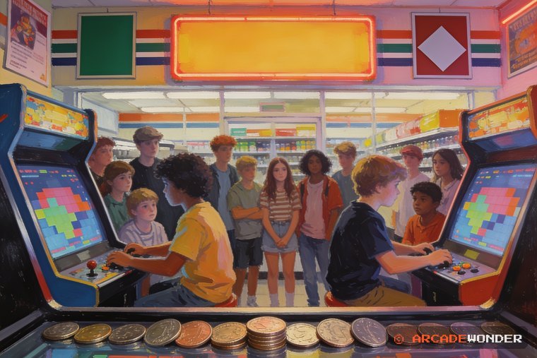 Coins lined up under an arcade screen and a watching crowd