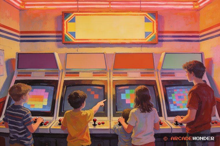 Four kids crowded along one long four-player cabinet while a fifth squeezes in and points at the machine