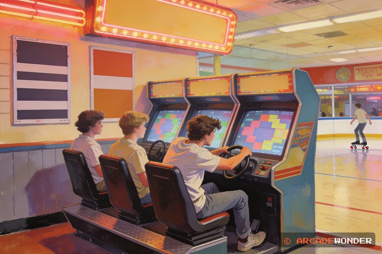 Three teenagers side by side in the three seats of a wide driving cabinet at a roller rink, one twisting into a turn