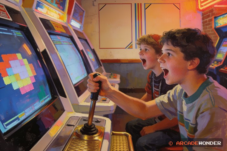 A player pulling a long tap-handle lever on a cabinet with a brass footrail