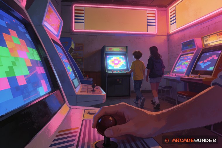 Two people crossing a dim arcade toward a brightly glowing cabinet while a player turns a round knob