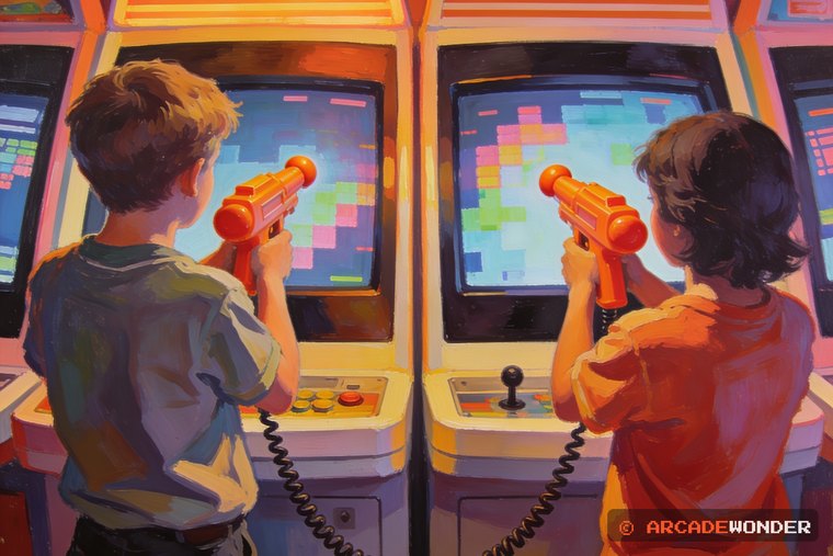 Two players facing the screen side by side with arcade light guns raised