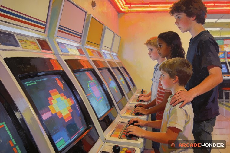 Four children of different heights side by side at one wide cabinet, the tallest steadying the smallest, an AI-made illustration