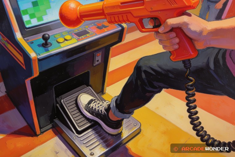 A sneaker pressing the foot pedal at the base of an arcade cabinet