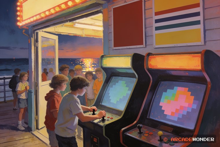 Two teenagers hammering a low cabinet's buttons with both palms in a boardwalk arcade while a small crowd counts them on