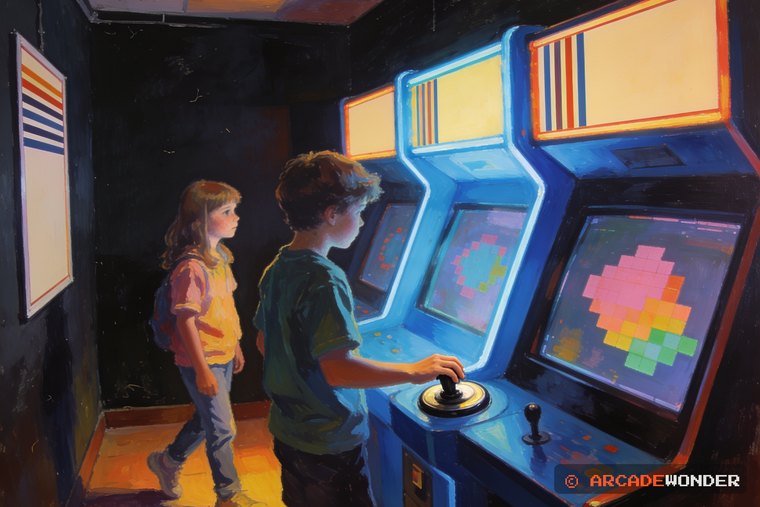 A cabinet glowing blue in a dark arcade while two kids stop walking to look