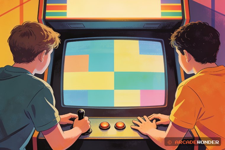Two players sharing one cabinet, each on a stick and three buttons