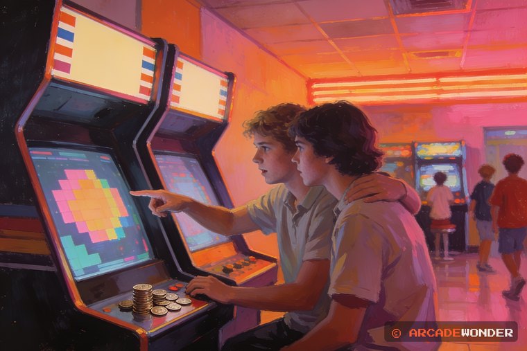 Two friends standing shoulder to shoulder at a two-player cabinet in a movie theater lobby, one pointing at the screen mid-argument