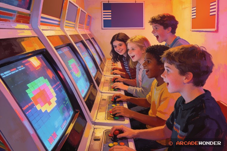 Six children lined up at one long two-screen cabinet, calling across to each other, an AI-made illustration