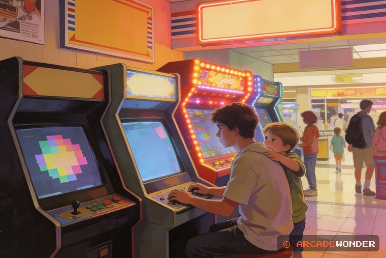 A quiet teenager at a corner arcade cabinet with a curious kid watching