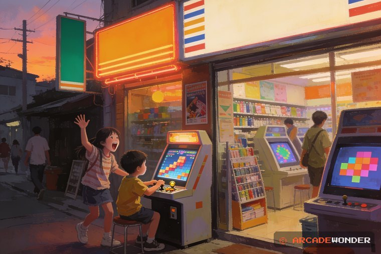 문방구 앞 작은 오락기에서 벽돌 깨기를 하는 아이를 그린 그림