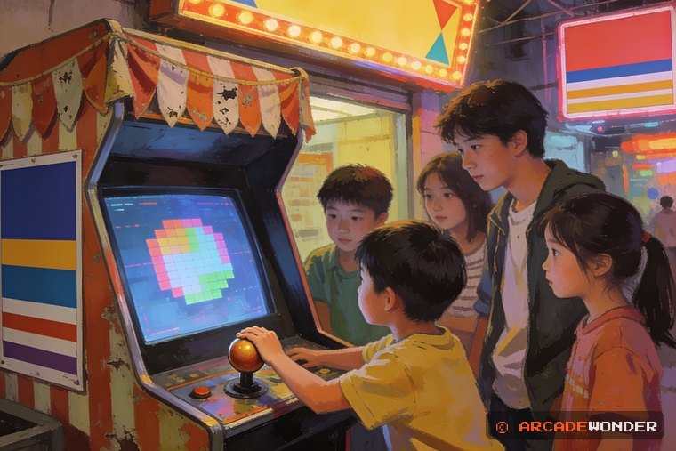 서커스 장식이 걸린 동네 오락실에서 큰 버튼 하나를 누르려는 아이와 둘러선 친구들을 그린 AI 삽화