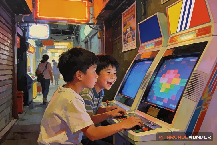 2인용 오락기 앞에 나란히 선 형제를 그린 AI 삽화