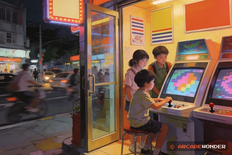 오락실 입구 쪽 기계 앞에서 조이스틱을 움직일 때를 기다리는 아이와 뒤에서 숨죽인 친구들을 그린 AI 삽화