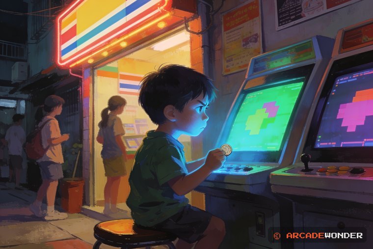 저녁 오락실에서 마지막 동전을 쥐고 화면을 노려보는 아이를 그린 AI 삽화