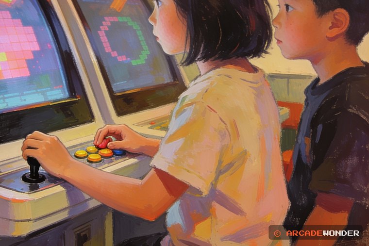 한 아이가 버튼 위에 손을 멈추고 때를 기다리고, 옆의 아이가 그 손을 보고 있는 오락실 장면을 그린 AI 삽화