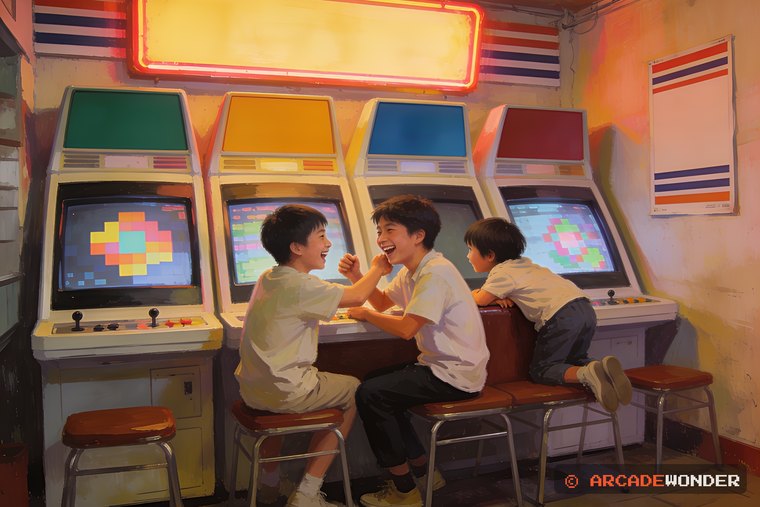 동네 오락실에서 나란히 앉아 웃고 팔꿈치로 밀며 함께 하는 두 친구와 뒤에서 넘겨다보는 아이를 그린 AI 삽화