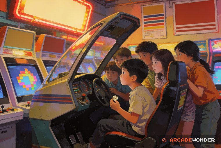 조종석 모양 오락기를 바라보며 동전을 쥔 아이를 그린 그림