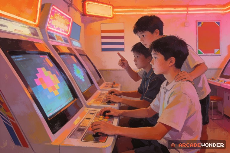 나란히 앉은 중학생 둘 뒤에서 더 어린 아이가 어깨 너머로 손가락을 들어 훈수하는 오락실 장면을 그린 AI 삽화